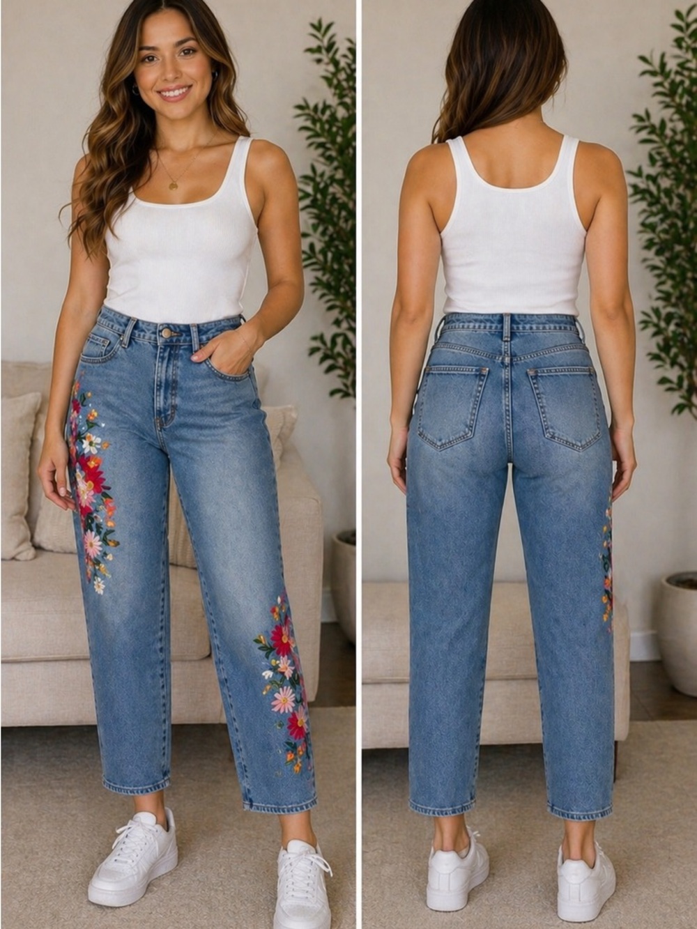 DRIFTWOOD Light Blue Straight Leg Jeans with Floral Embroidery